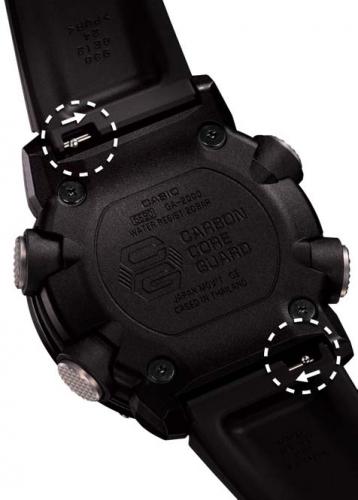 Съемный двухслойный полимерный ремешок часов G-SHOCK GA-2000-2AER легко заменяется с помощью рычагов на штифтах.