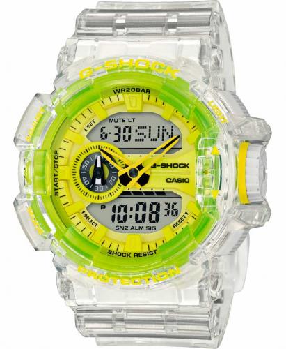 Крупные прозрачные ударопрочные часы CASIO G-SHOCK GA-400SK-1A9ER Clear Skeleton желто-салатовые, Ana-Digi, wr200m.