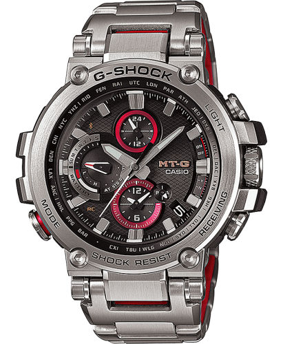 Премиальные аналоговые ударопрочные часы CASIO G-SHOCK MTG-B1000D-1AER Silver & Red, Metal Core, сапфир, Bluetooth, Solar.