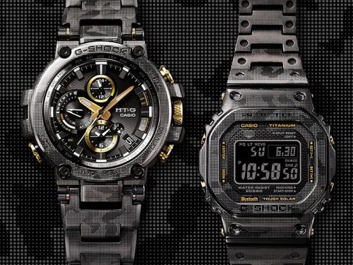 Камуфляжная лазерная гравировка на DLC-покрытии ударопрочных часов G-SHOCK: MTG-B1000DCM-1AER и GMW-B5000TCM-1ER.